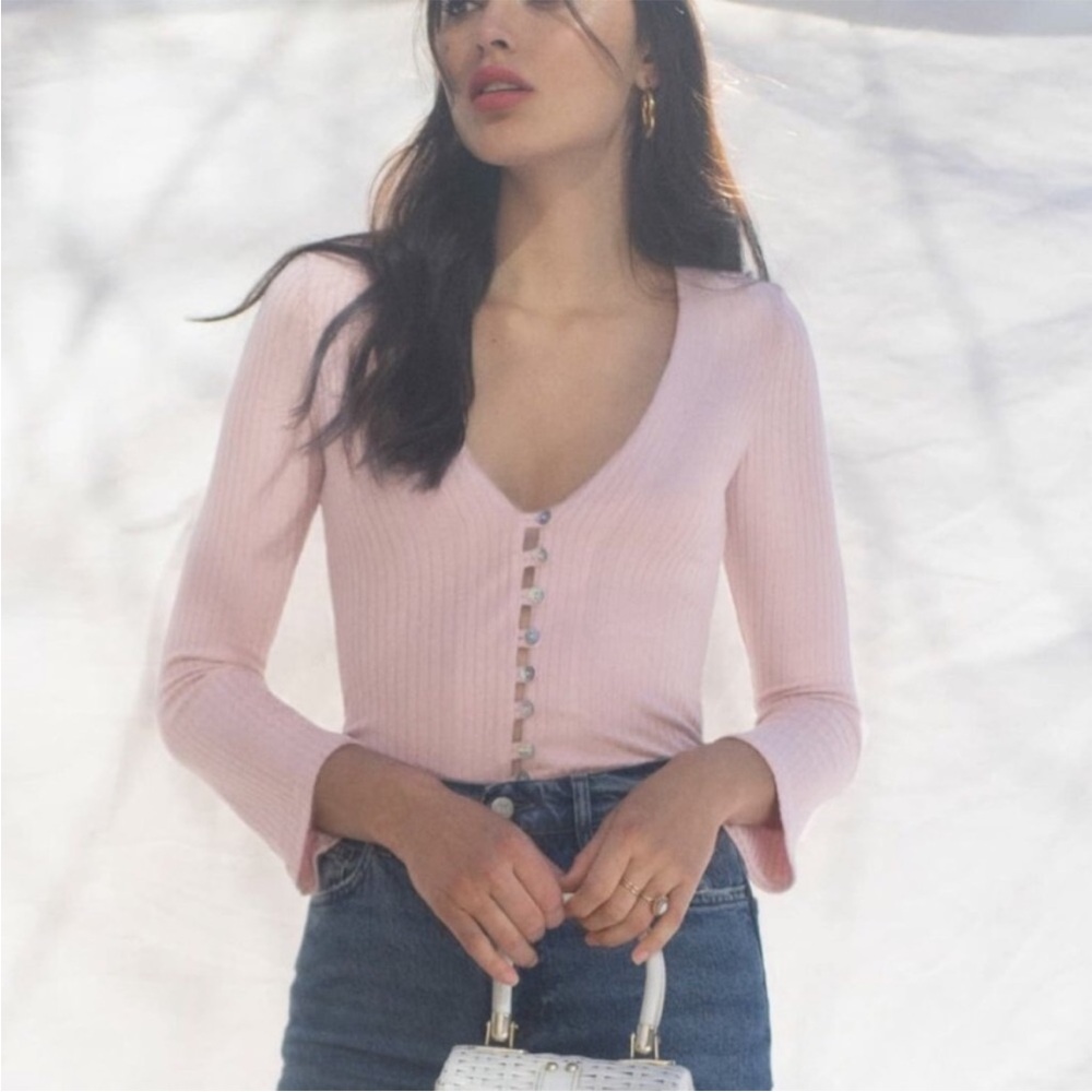 Reformation Pink Ribbed Long Bell Sleeve Button Front Gellar Knit Top Sz. M